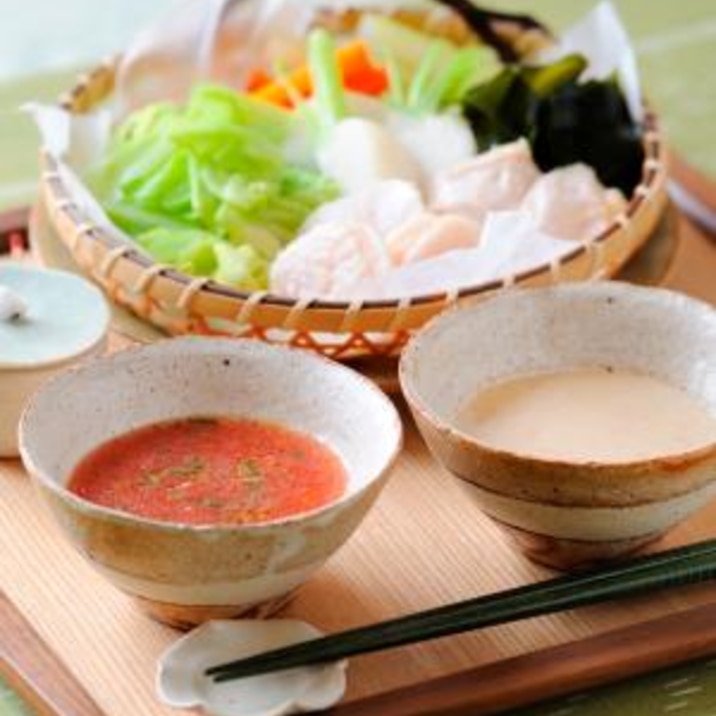ヘルシー蒸しザル~トマトポン酢と豆乳ごまダレ~